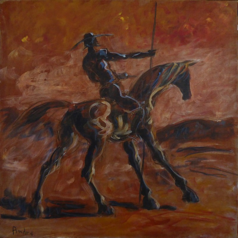 Don Quichotte, bras tendu, Huile sur toile, 80 × 80 cm