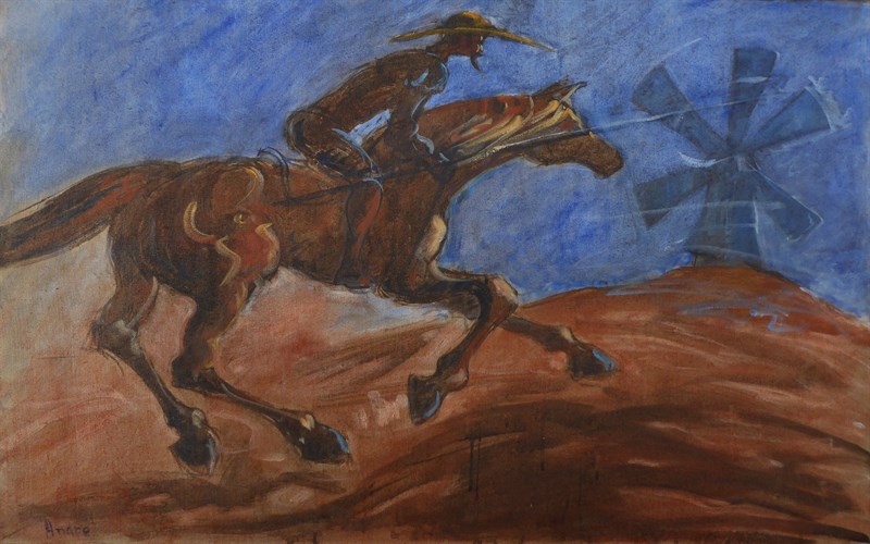 Don Quichotte, au moulin, Huile sur toile, 73 × 116 cm