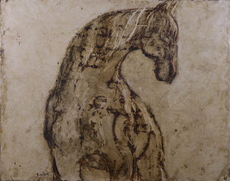 Cheval gris, Brou de noix, 72 × 90 cm