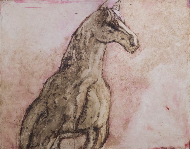 Cheval rose, Brou de noix, 72 × 90 cm