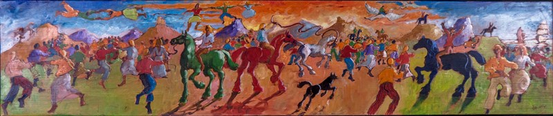 La fête, Huile sur bois, 19 × 119 cm