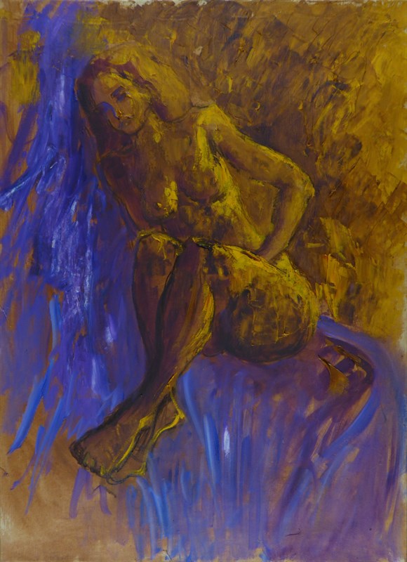 Femme Ocre et bleu, Huile sur toile, 73 × 100 cm