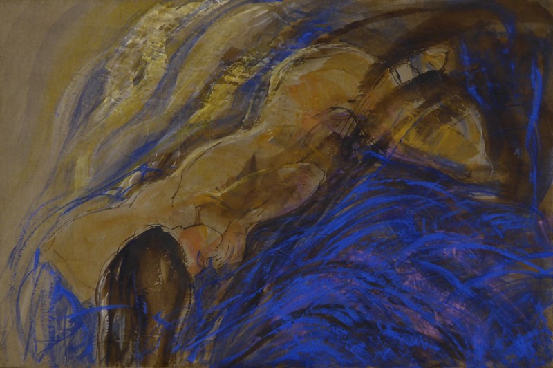 Dans le bleu, Colle de peau sur toile, 97 × 146 cm