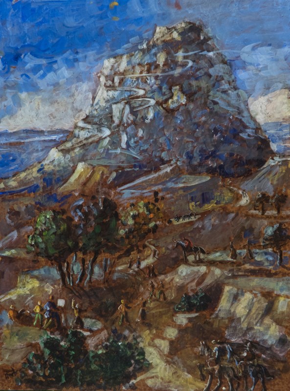 Don Quichotte à Babel, Huile sur bois, 45 × 60 cm