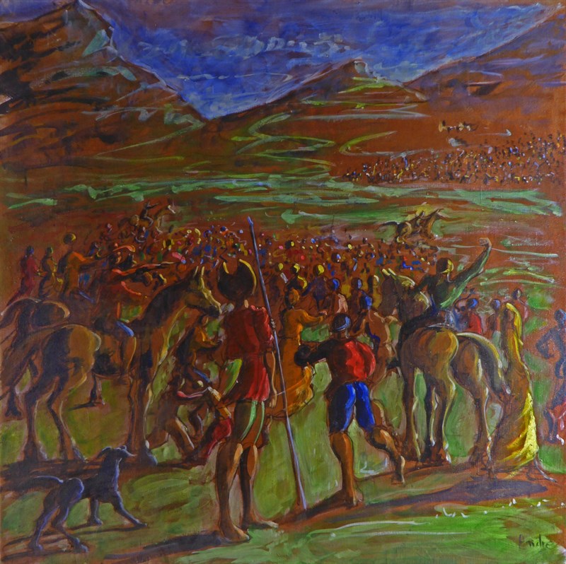 Don Quichotte et foule, Huile sur toile, 100 × 100 cm