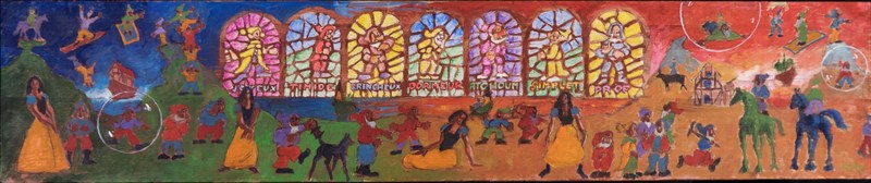 Les 7 nains, Huile sur bois, 19 × 119 cm