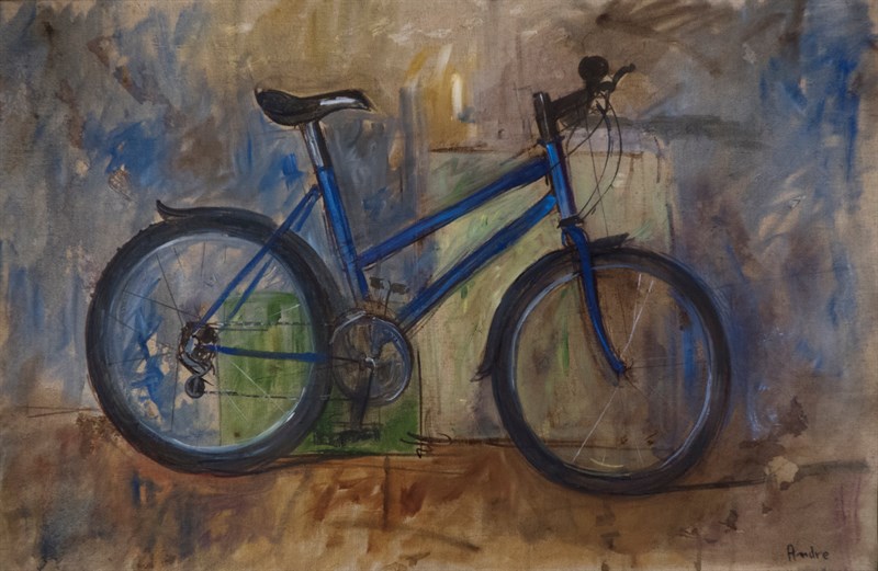 Vélo bleu, Huile sur toile, 90 × 68 cm