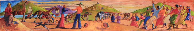 L'arrivée du train, Huile sur bois, 19 × 116 cm