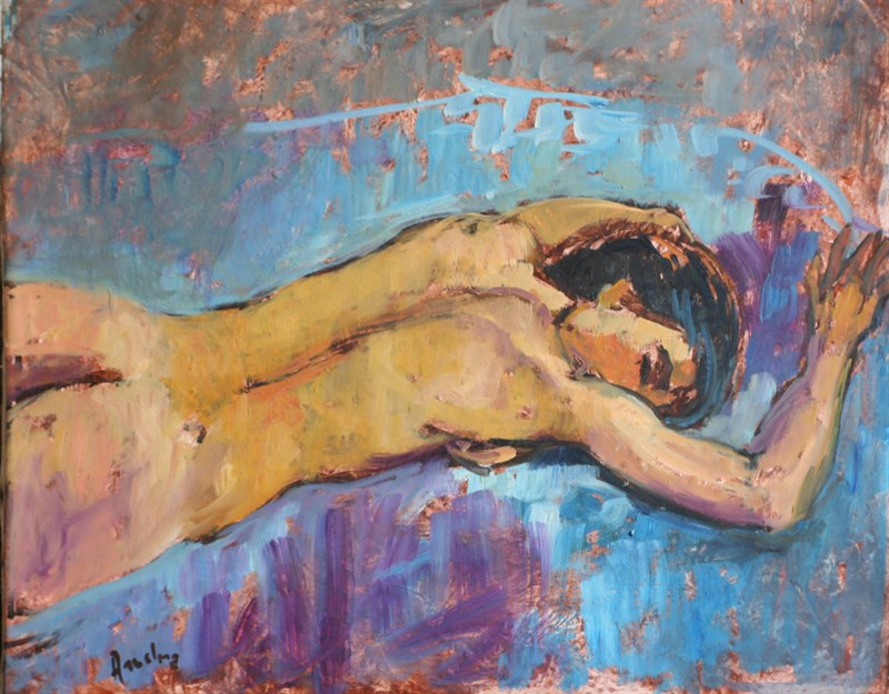 Sommeil bleu et violet, Huile sur papier, 50 × 40 cm