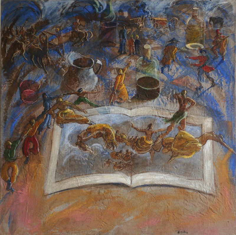 Personnages sortis du livre, Huile sur toile, 100 × 100 cm